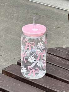 16oz Charming Pink Bow & Heart Pattern Glass Cup With Straw And Lid, Plastic Material, High Quality Reusable, Suitable For Juice, Coffee, Beer - Ideal Birthday Or Holiday Gift - Multicolor - View 11