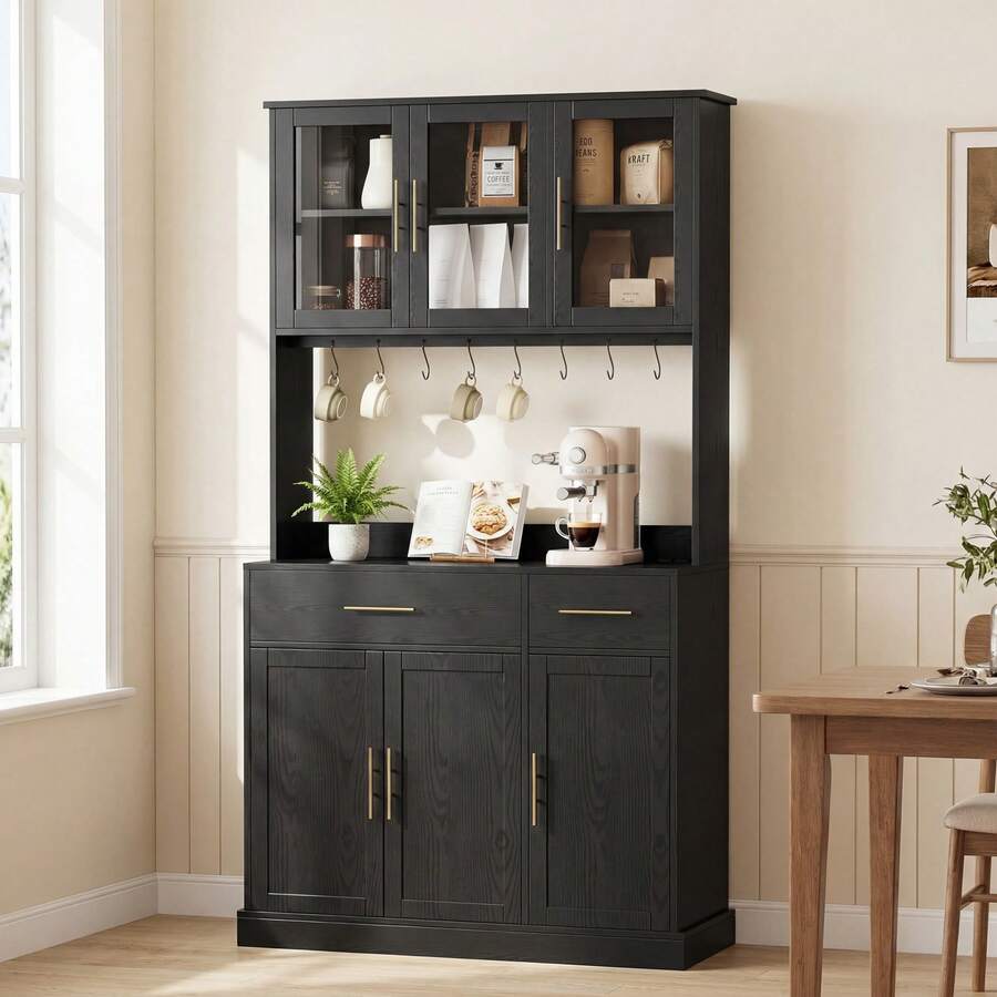 71.9 In. Tall Pantry Cabinet, Farmhouse Kitchen Storage Cabinet With Doors, Drawers And Shelves, Modern Cabinet For Dining Room, Living Room - Black - View 1