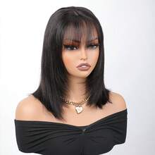 Short Black Hair Glueless Bob Wig With Airy Bangs Human Hair 4X4 Closure Wig Ready To Go Bob Wig, Wear Go Pre Cut Pre Plucked Glueless Closure Wig Layered With Fringe Bangs - SNatural - View 3