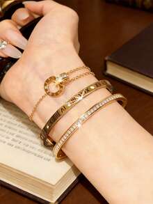 3/1pc Set 18K Gold Plated Luxury Stainless Steel Bracelet Set, Full Rhinestone Inlaid Cross Roman Numeral Bracelet & Delicate Roman Numeral Bracelet, Stackable - Gold - View 4