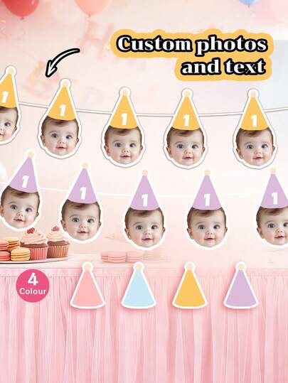 7/14/21pc Customize Baby Photo Birthday Banners Bunting,Personalized Baby Photo Garland,1st Birthday Banner,Personalized Birthday Hats Design Garland,First Birthday Celebrations Decor Banners, Birthday Party Favors,Baby Shower/Gender Reveal Party Banner