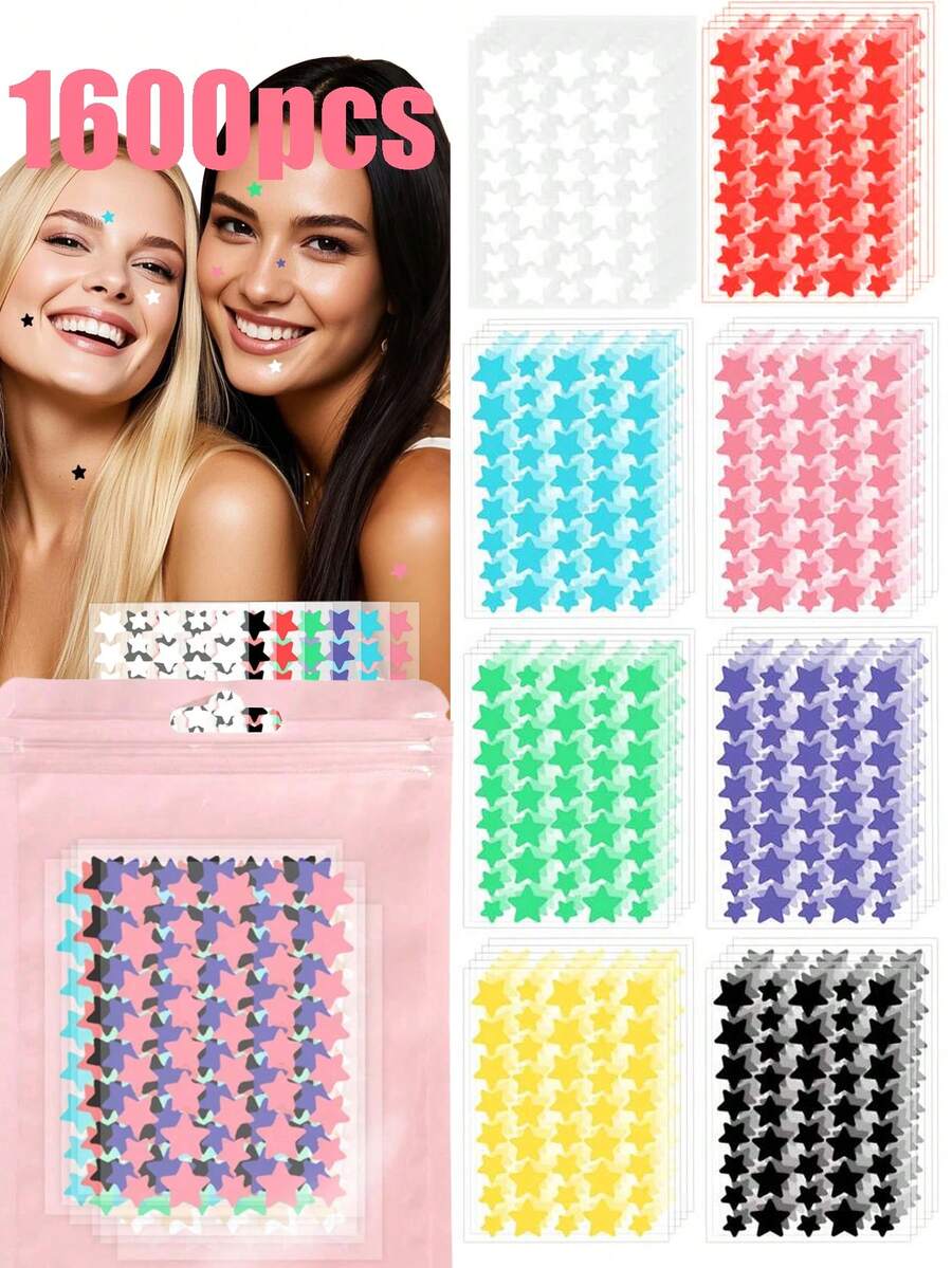 1600/1200/640 piezas Pegatinas de estrellas para la cara, adecuadas para decoraciones de fiestas festivas, pegatinas con diseño de estrellas de cinco puntas lindas, pegatinas mini impermeables y resistentes al sudor - Multicolor - Ver 1