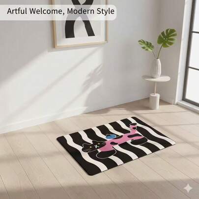 1pc Black & White Wavy Striped Pink Cat Area Rug, Artistic Home Entryway Mat, Velvet Material, Doormat, Small Carpet, Welcome Mat, Rug, Outdoor Doormat, Kitchen Rug, Home Decor, Front Door Mat, Zonal Small Rug, Outdoor Mat, Home Decor, Area Rug, Garden Rug, Washable Carpet