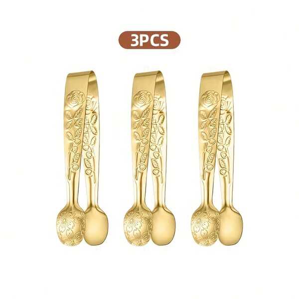 3 piezas de pinzas de servir mini doradas/plateadas, de acero inoxidable de alta calidad, pinzas para azúcar cuadradas, pulido espejo, aptas para lavavajillas, pinzas para hielo, adecuadas para postres, aperitivos, dulces, quesos, tablas de charcutería, fiestas de té, Día de la Madre, bodas