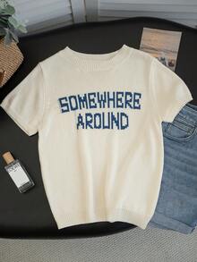 Women's Spring/Summer Retro Casual Short-Sleeve Knit Sweater | Round Neck Top With Letter Jacquard Pattern - Apricot - View 8