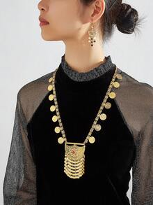 Conjunto de joyas de lujo retro con mucho brillo, inspirado en Dubái, minimalista, dulce, exagerado, de cobre con baño de oro, de alta gama, adecuado para salidas, ocio, fiestas, citas diarias, Navidad y otras vacaciones. Incluye un collar largo con mucho brillo con baño de oro y pendientes con flecos en capas como regalo para mujeres, novias, padres, etc. - XXLEH-108 - Ver 3