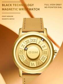 DOM 1pc Men's Watch, Retro Style Roman Numeral Dial Quartz Waterproof Wristwatch, Unique Magnetic Levitation Technology, Leather Strap And Steel Strap, Suitable For Gifts And Daily Wear - Gold Dial Brown Leather Strap - View 7