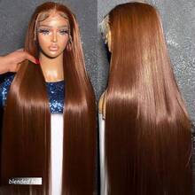 8-36英寸假发，真人混纺发丝，180密度，13x4蕾丝前额假发，真人混纺发丝，预先拔毛，带婴儿绒毛，15A级无胶直发前额假发，真人混纺发丝，女士棕色假发 - 棕色 - 查看 4