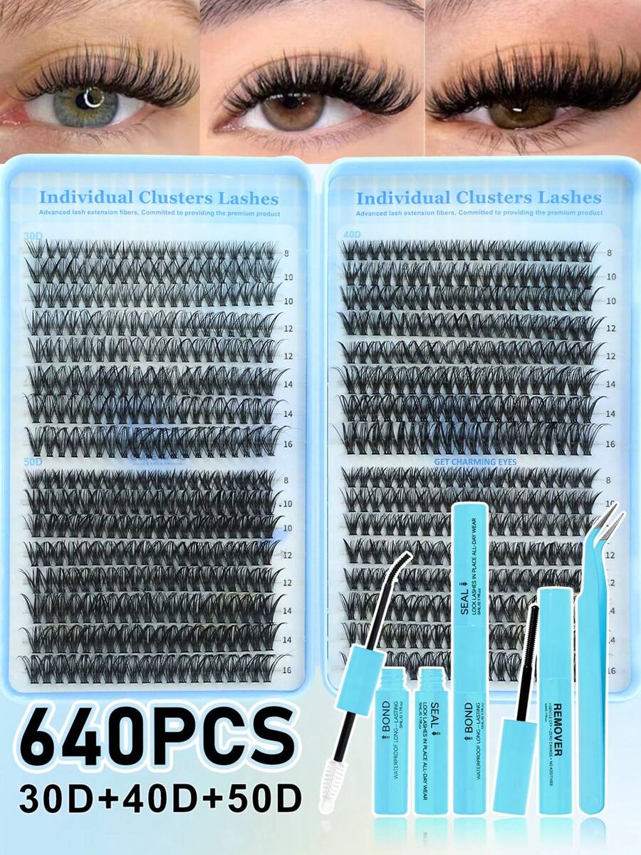 640片装（30D+40D+50D）DIY睫毛嫁接套装 - 包含假睫毛、胶水、卸妆液、镊子和刷子，专业人士和新手均可轻松上手，在家即可轻松操作。睫毛嫁接入门套装：包含假睫毛、胶水、卸妆液和工具的全套工具包，让您在家也能像专业人士一样嫁接。 - 彩色 - 查看 1