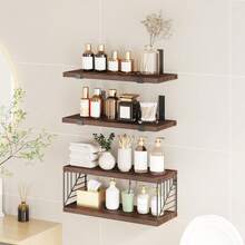Tomnk 3+1 Tier Bathroom Floating Shelves Over Toilet, 15.8in Farmhouse Rustic Wood Shelves, Wall Decor For Bathroom, Living Room,Bedroom And Kitchen - 彩色 - 查看 1