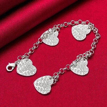 925纯银镀层五心雕刻图案吊坠手链，女士魅力婚礼订婚派对首饰