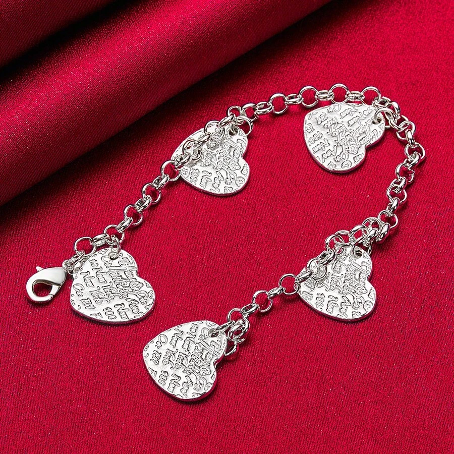 925纯银镀层五心雕刻图案吊坠手链，女士魅力婚礼订婚派对首饰 - 銀色 - 查看 1
