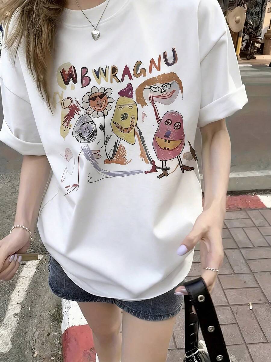 Women's Round Neck Short Sleeve T-Shirt, Summer New Cartoon Pattern And Letter Print, Fashion Casual Loose Fitting Top - White - View 1