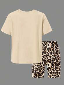 2pcs/Set Girls Leopard Print "67" Letter Graphic Tee + Leopard Print Shorts, Casual Fashion Summer Outfit - Apricot - View 3