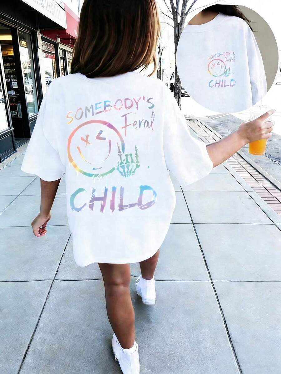 Tween 女童休闲图案印花圆领短袖 T 恤,夏季上衣 - 白色 - 查看 1