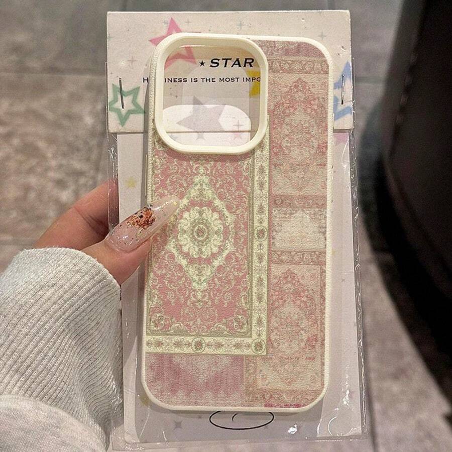 1pc TPU Material Vintage Pink Floral Pattern Patchwork Phone Case Compatible With Apple 17 Pro Max/17/16 Pro Max/15/13/12/11, S20 FE/A15/S24/A55, Note 11/Note 12/Note 13 Pro, Full Coverage Anti-Drop Soft Protective Cover,International Version, Not The Domestic Version - White - View 1