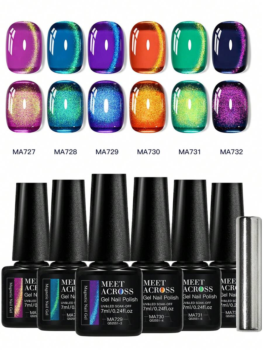 MEET ACROSS 6pcs 7ml Jelly Colored Stone Cat Eye Gel Nail Polish Set With Magnet Stick, Gold Light Ultral Shine Gradient Magnetic Semi Permanent Soak Off UV Gel Varnish For Summer Nails, Manicure Nail Art Degign For Home And Salon Nail Supplies - 彩色 - 查看 1