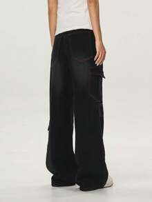 1 pieza Jeans anchos y sueltos de estilo retro, pantalones cargo de múltiples bolsillos, jeans de mezclilla negros de pierna ancha versátil (cinturón y accesorios no incluidos) - Negro - Ver 6
