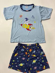 Boys' Astronaut Pajamas, Suede, Short Sleeves And Shorts, Summer - Baby Blue - View 5