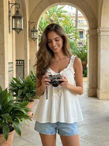 2026夏季甜美荷叶边吊带背心，宽松修身无袖女式休闲上衣 - 杏色 - 查看 4