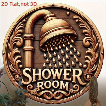 1pc Vintage Shower Sign - Round Wooden Board With Gold Faucet And Water Drop Design, Wood Wall Decor For Bathroom, Home, Door, Wreath - No Electricity Needed, Home Themed Art Decor, Bathroom Wall Decoration, Elegant Typography, 2D Flat, Pre-Drilled Holes As Shown In Size