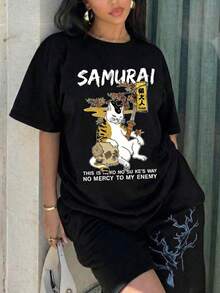 Summer Casual Japanese Style "Samurai Cat" Print Short Sleeve T-Shirt Black - Black - View 3