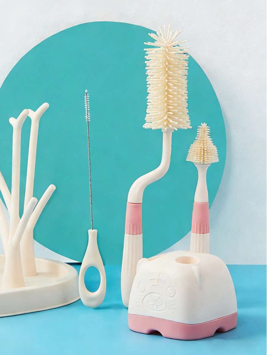 1件套婴儿及儿童硅胶奶瓶刷、奶嘴刷、吸管刷（带底座）、旋转杯清洁刷套装（带收纳底座） - 彩色 - 查看 1