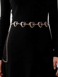 1pc Fashionable Versatile Heart & Crescent Flower Gold Tone Waist Chain, Suitable For Women's Daily Wear, Party, Festival, Gift - Gold - View 2