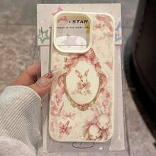 1pc TPU Soft Pink Mirror Cute Rabbit Bowknot Pattern Phone Case Suitable Compatible With Iphone 17 Pro Max/17/16 Pro Max/15/13/12/11, S20 FE/A15/S24/A55, Note 11/12/13 Pro, Full Coverage Anti-Drop Soft Protective Phone Cover - White - View 1