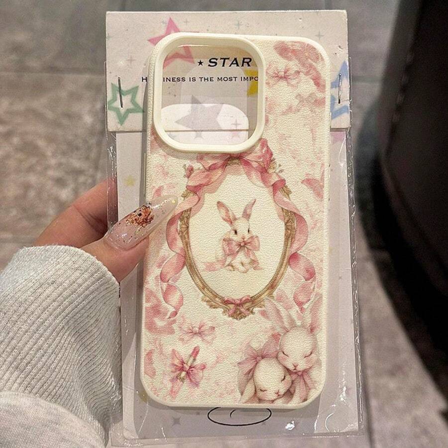 1pc TPU Soft Pink Mirror Cute Rabbit Bowknot Pattern Phone Case Suitable Compatible With Iphone 17 Pro Max/17/16 Pro Max/15/13/12/11, S20 FE/A15/S24/A55, Note 11/12/13 Pro, Full Coverage Anti-Drop Soft Protective Phone Cover - White - View 1