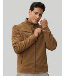 Men's Nubuck Leather Jacket With Fur Lining - Camel - Ver 3