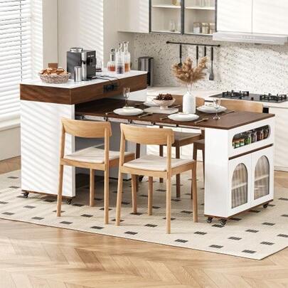 Ilha de cozinha sobre rodas, mesa de jantar extensível com tomadas e tampo de vidro canelado, aparador com uma gaveta, que pode ser usado como ilha de cozinha ou aparador para a cozinha e sala de jantar (branco + nogueira)