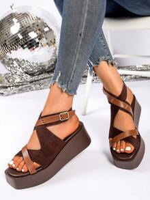 Women's Cross Strap Platform Wedge Sandals With Ankle Buckle - COFFEE - View 3