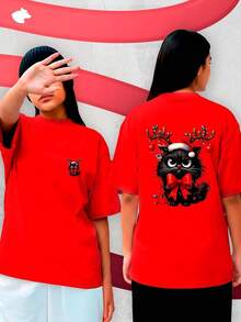 Camiseta Natalina Tumblr Feminina – "Gato árvore de natal" Frente e Costas  – Streetwear | Plus Size - Vermelho - Visão 1