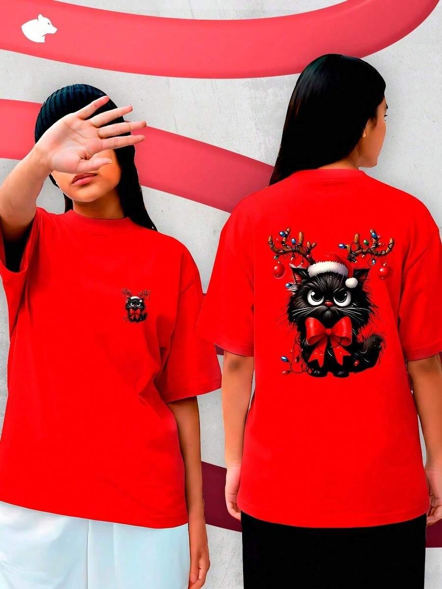 Camiseta Natalina Tumblr Feminina – "Gato árvore de natal" Frente e Costas  – Streetwear | Plus Size - Vermelho - Visão 1
