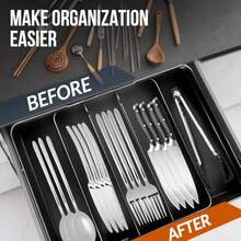 Silverware Organizer, Adjustable &Amp; Expandable Utensil Tray For Kitchen Cutlery Storage, Spoons Forks Knives Holder Storage Dividers, Multipurpose Silverware Drawer Organizer For Dining Table - Black - Màu A - Xem 5