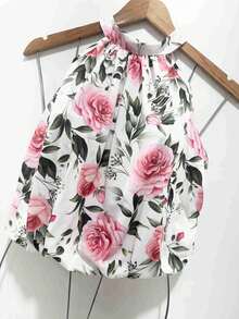 Stylish Women's Floral High Neck Blouse - Baby Pink - View 2