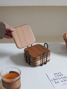 1 Set/6pcs Wooden Coasters With Holder Rack, Heat Insulation Non-Slip Cup Mat, Simple Wooden Coasters, Black & Gold Cup Coaster Holder, Suitable For Modern Home Decor, Coffee Table Top Protection, Rustic Style Outdoor Coasters For Any Cups, Gift - Multicolor - View 20