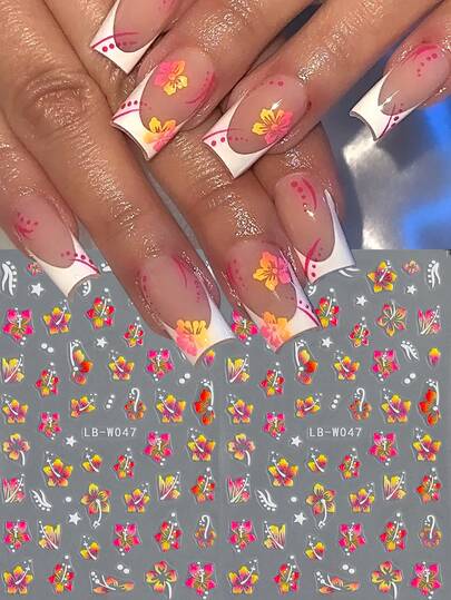 2pcs Gradient Color Hibiscus Flower Nail Stickers, Red-Orange Ombre Hibiscus Petal Print Self-Adhesive Nail Art Stickers, Y2K Spring/Summer Hawaiian Elegant French Design Nail Stickers, DIY Nail Salon Supplies