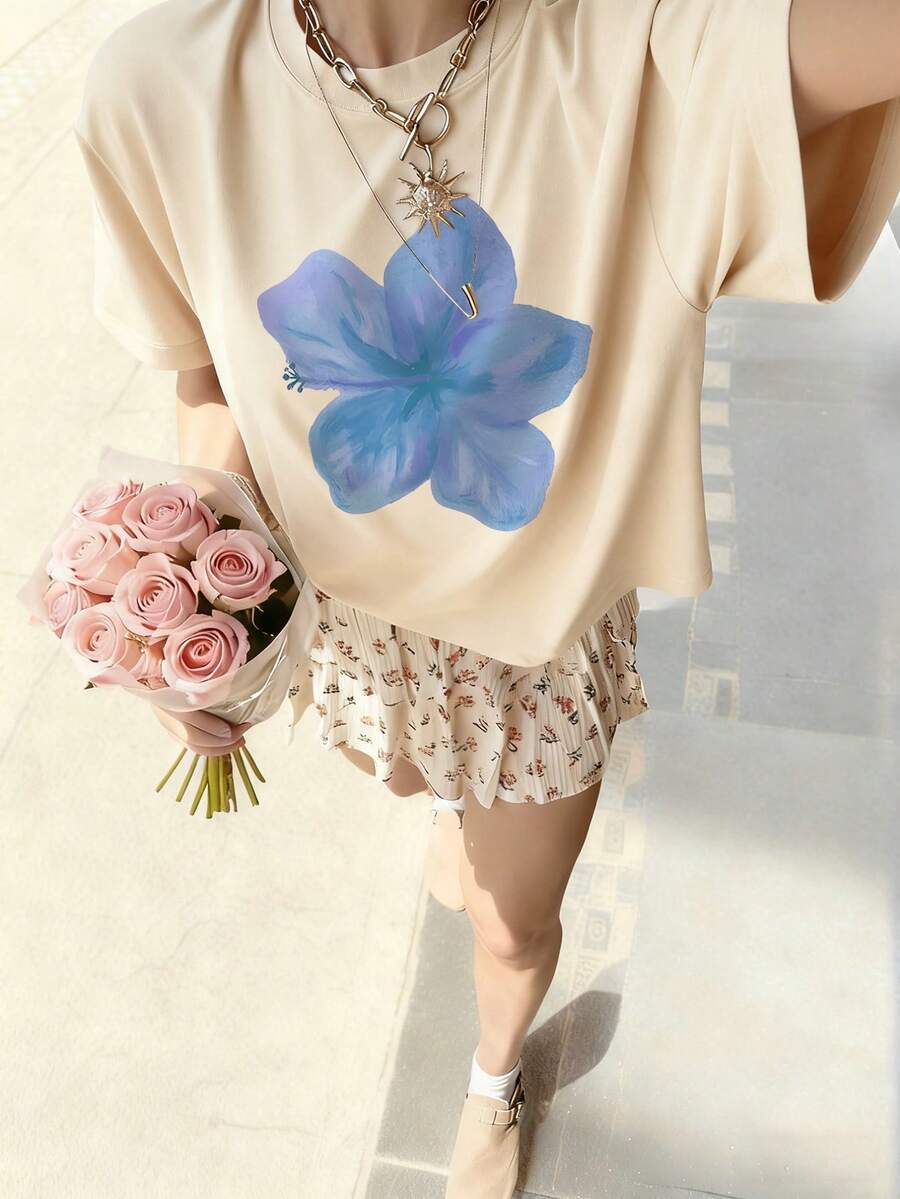 1件女童休闲印花圆领短袖T恤，夏季学生青少年服装 - 艺术风格T恤激发想象力和自我表达 - 杏色 - 查看 1