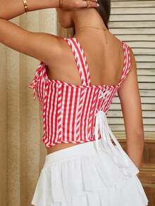 Yueweinini Sexy Red Plaid Lace-Up Backless Asymmetric Hem Bustier Camisole With Front Tie And Ring Detail, Suitable For Party, Music Festival, Daily Wear, Vacation - Red - View 2