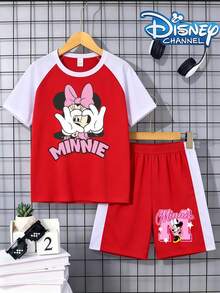 Disney Minnie Mouse Girls' Short-Sleeve T-Shirt & Shorts Set, Breathable Summer Casual Outfit For Kids - 紅色-白色 - 查看 2