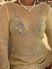 Mejors 女士休闲可爱纯色宽松针织套头罩衫，时尚泳衣罩衫，适合度假、约会、派对、夜店、海滩、度假村夏季穿着 - 黃色 - 查看 8