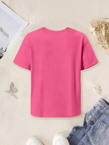 2pcs Tween Girl Casual Summer Set, Digit Print Simple T-Shirt And Leopard Print Leggings, Suitable For Spring/Summer, Back To School, Outdoor/Home/Travel Outfit - Hot Pink - View 6