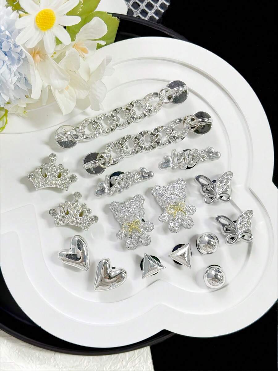 2个/14个/16个银色水钻链条皇冠、小熊、蝴蝶、花朵鞋饰,适用于花园鞋、拖鞋、沙滩鞋、凉鞋,可拆卸鞋饰配件,节日礼物 - 銀色 - 查看 1