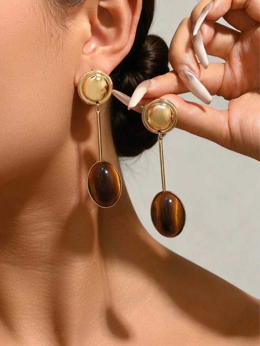 1 Pair Fashionable Tiger Eye Stone Geometric Pendant Earrings, Versatile Jewelry For Women To Wear Daily, Commuting, Dating, Casual Outings, Traveling, And Socializing - Multicolor - View 1