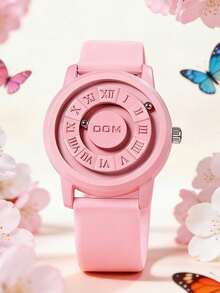 DOM 1pc Men's Watch, Retro Roman Numeral Dial Quartz Waterproof Wristwatch, Unique Magnetic Levitation Technology, Leather & Steel Strap, Suitable For Gifts And Daily Wear - Pink - View 1