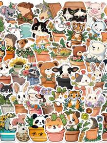 50pcs Potted Animal Stickers Cute Cartoon Aesthetic For Journal, Phone Case, Tablet, Water Bottle, Desk, Luggage, Waterproof Decals - متعدد الألوان - مشاهدة 3