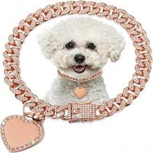 Adjustable Heart-Shaped Pendant Pet Collar, Bling Rhinestone Embellished Cuban Chain Necklace, Comfortable Fit For Small To Medium Dogs - Multicolor - View 1