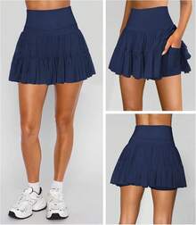 Women's Mini Skirt Skort Flowy Pleated High Waisted Ruffle Tennis Skirts For Women Athletic Skater Golf With Shorts Pockets - 藏蓝色 - 查看 2
